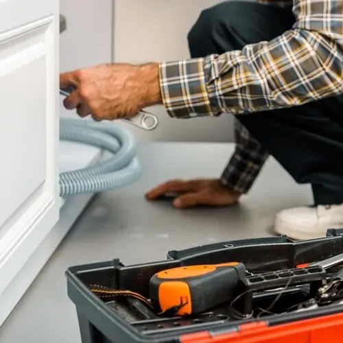 A man is fixing the pipes of an oven.